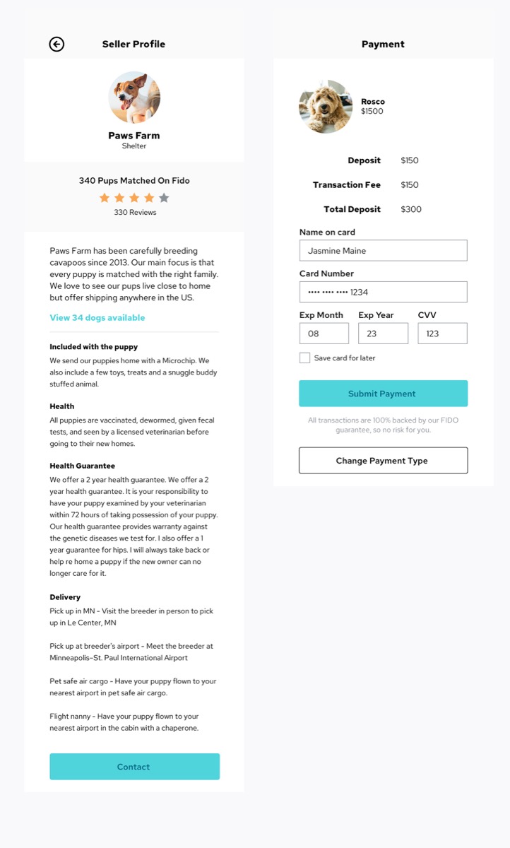 Barkd breeder profile with rating, match count, story, health guarantee and delivery options, beside an escrowed deposit payment screen.