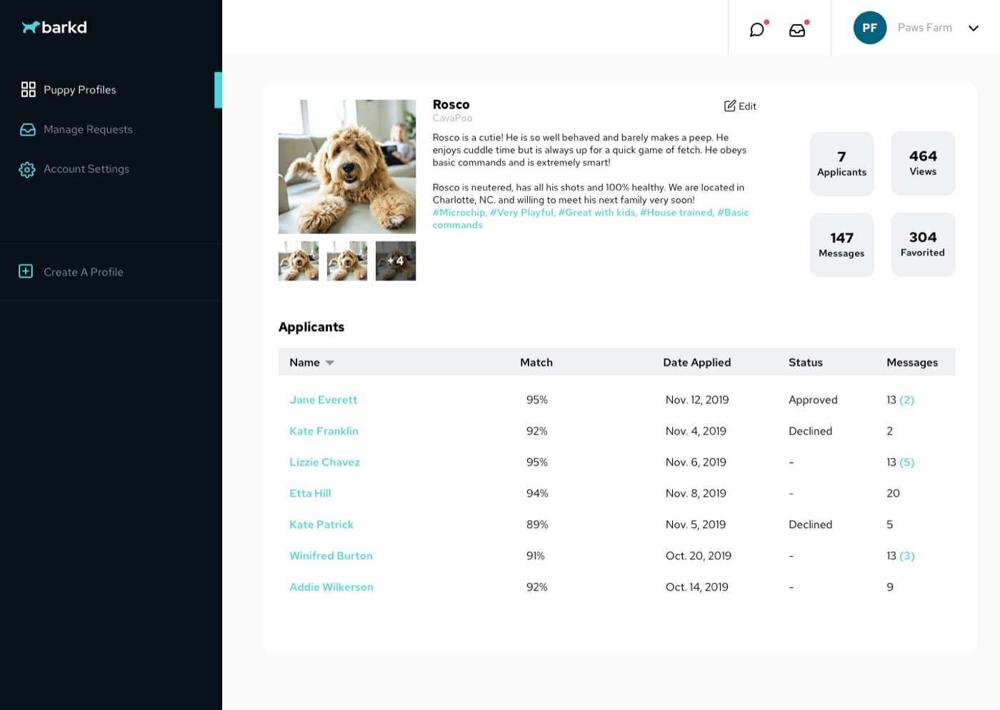 Barkd breeder web application showing listings, transactions and profile management.