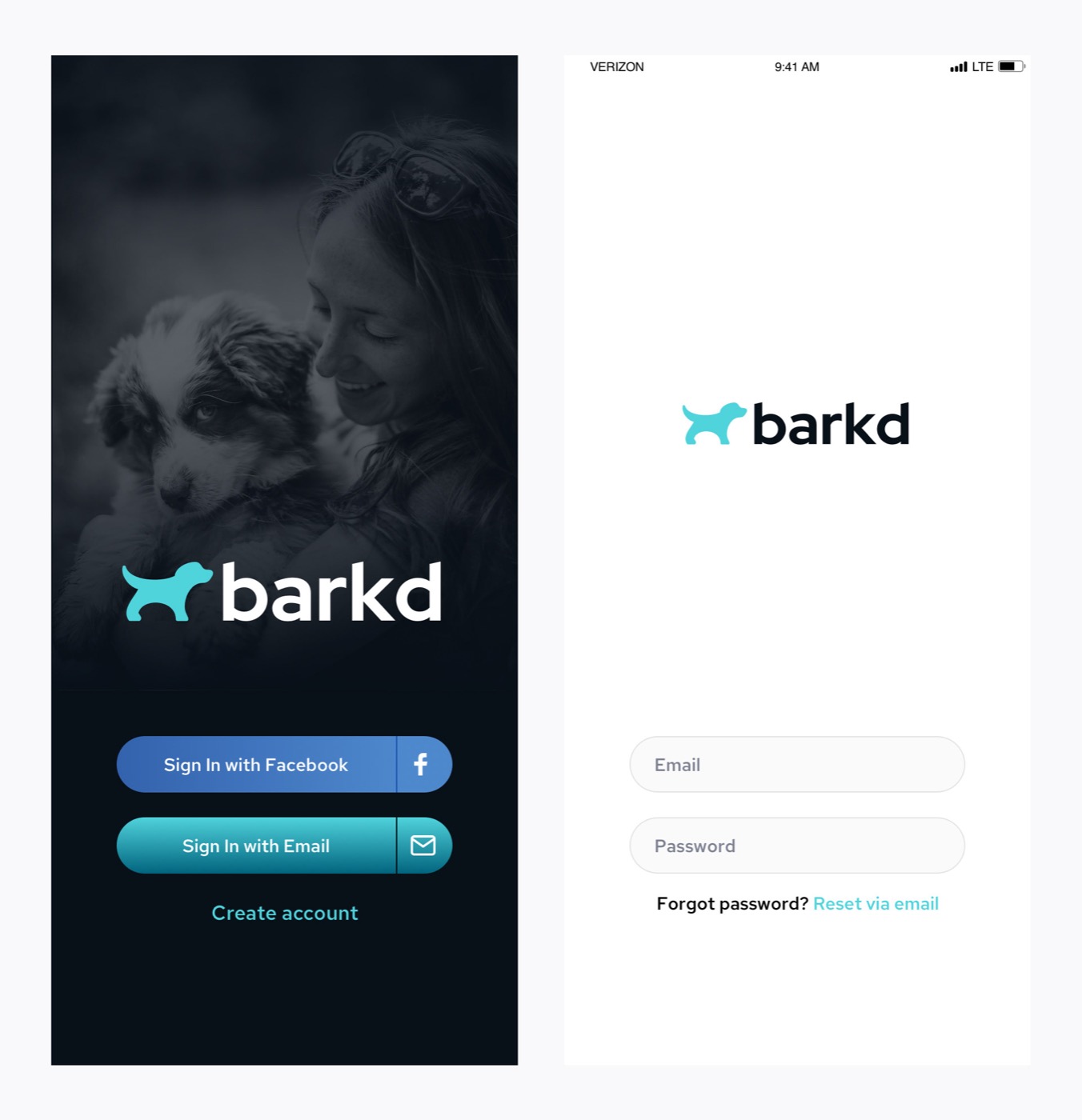 Barkd sign-in screen with Facebook and email options over a photograph of a puppy.