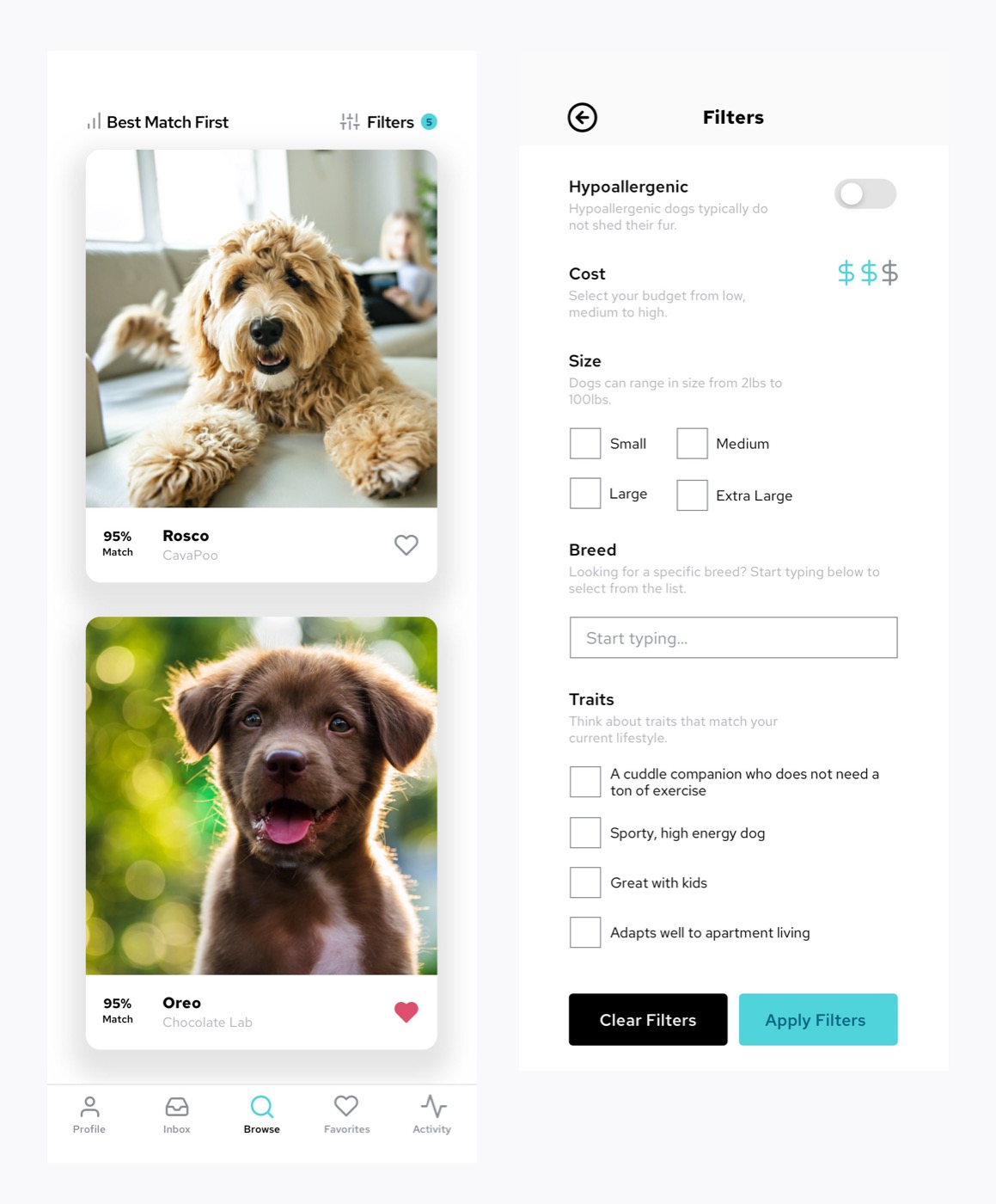 Barkd MVP component library showing cards, buttons, form fields and navigation elements.