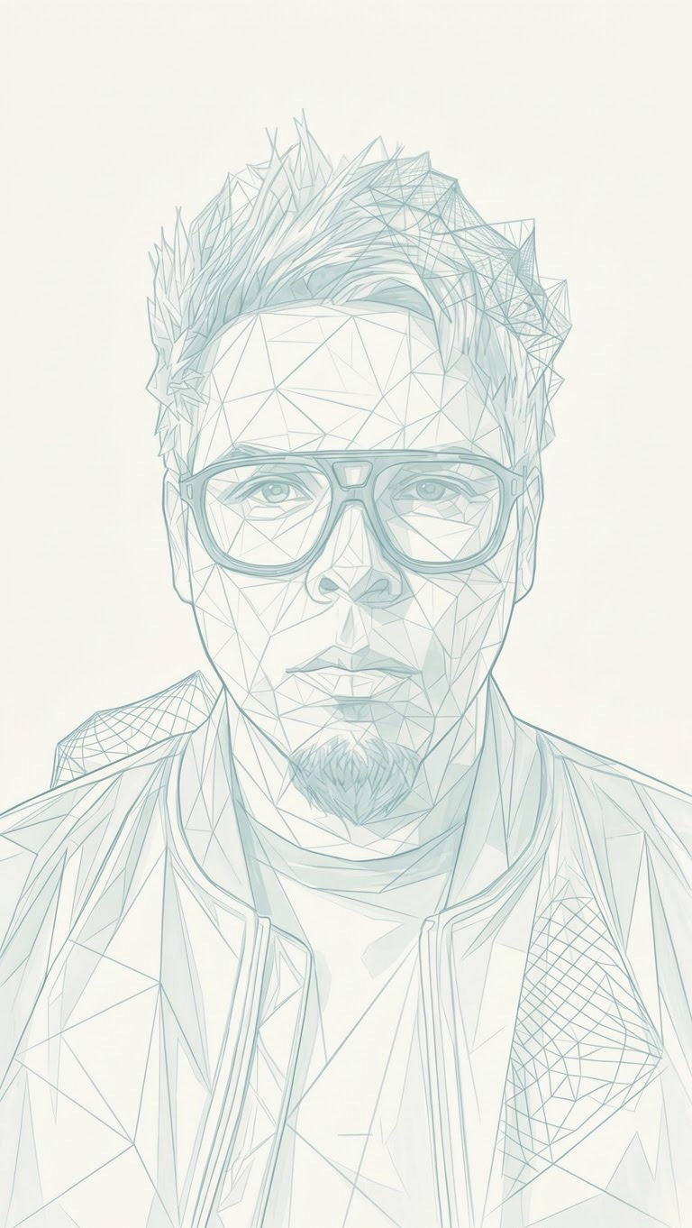 Low-poly wireframe portrait of Danny Flori&aacute;n, drawn as a mesh of fine triangles.