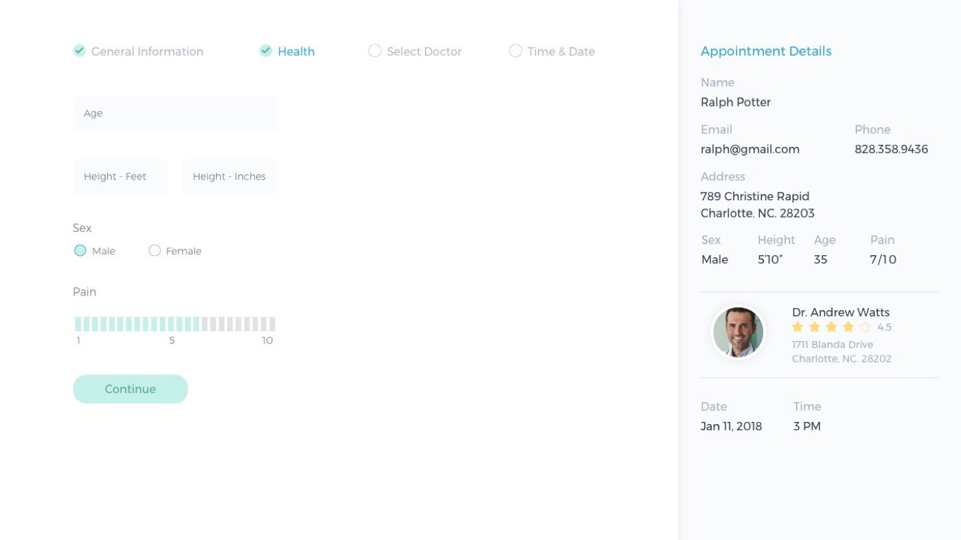 Provider selection screen showing nearby doctors with ratings and distance.