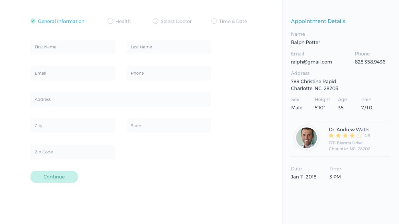 Health information step with a deliberately short set of fields.