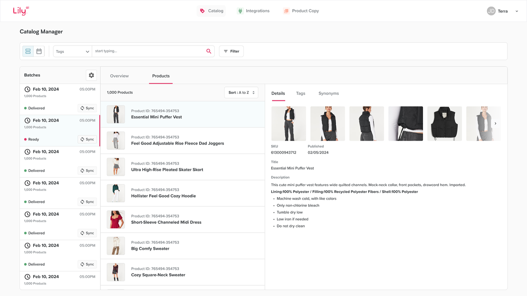 Redesigned Lily AI catalog manager: a left rail of dated batches with delivery status, a centre product list, and a right panel showing product details and imagery.