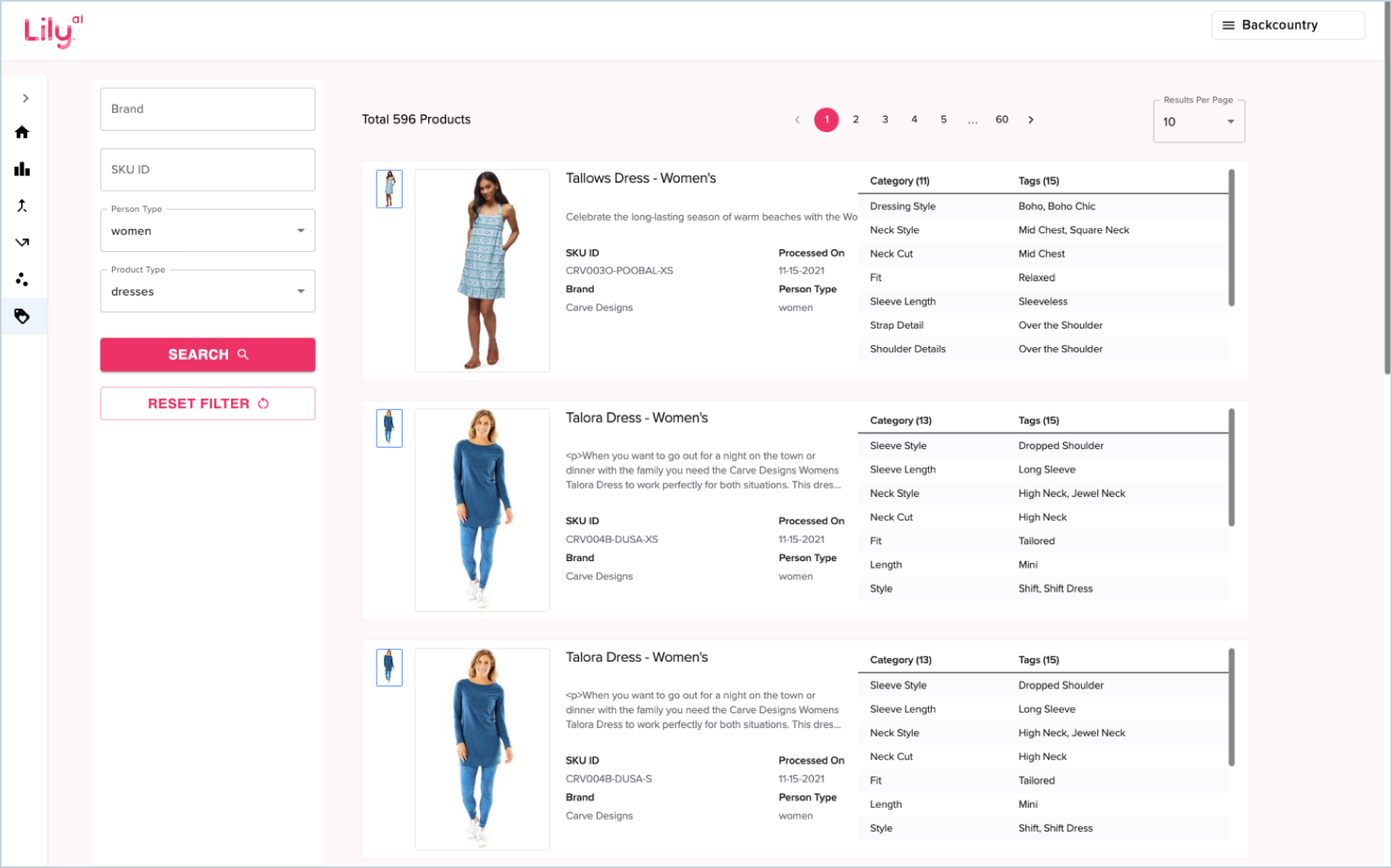 The original Lily AI catalog: a filter sidebar for brand, SKU, and product type beside 60 pages of individual products.