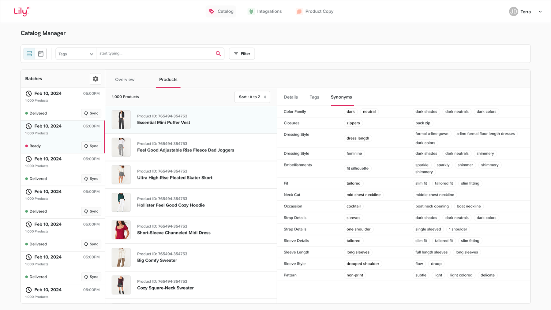 Product detail panel in Lily AI showing generated synonyms grouped by attribute family: colour family, closures, dressing style, fit, neckline.