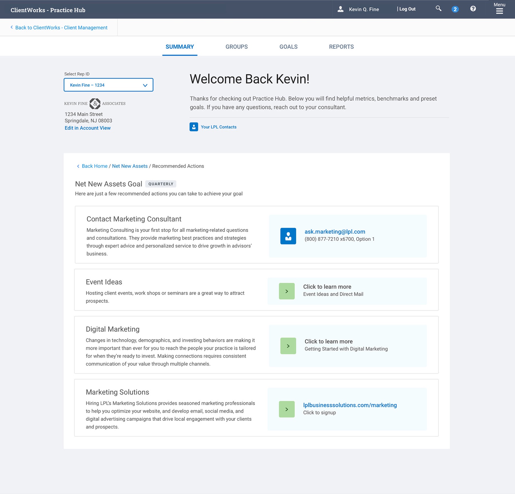Practice Hub recommended actions module suggesting next steps for an advisor.