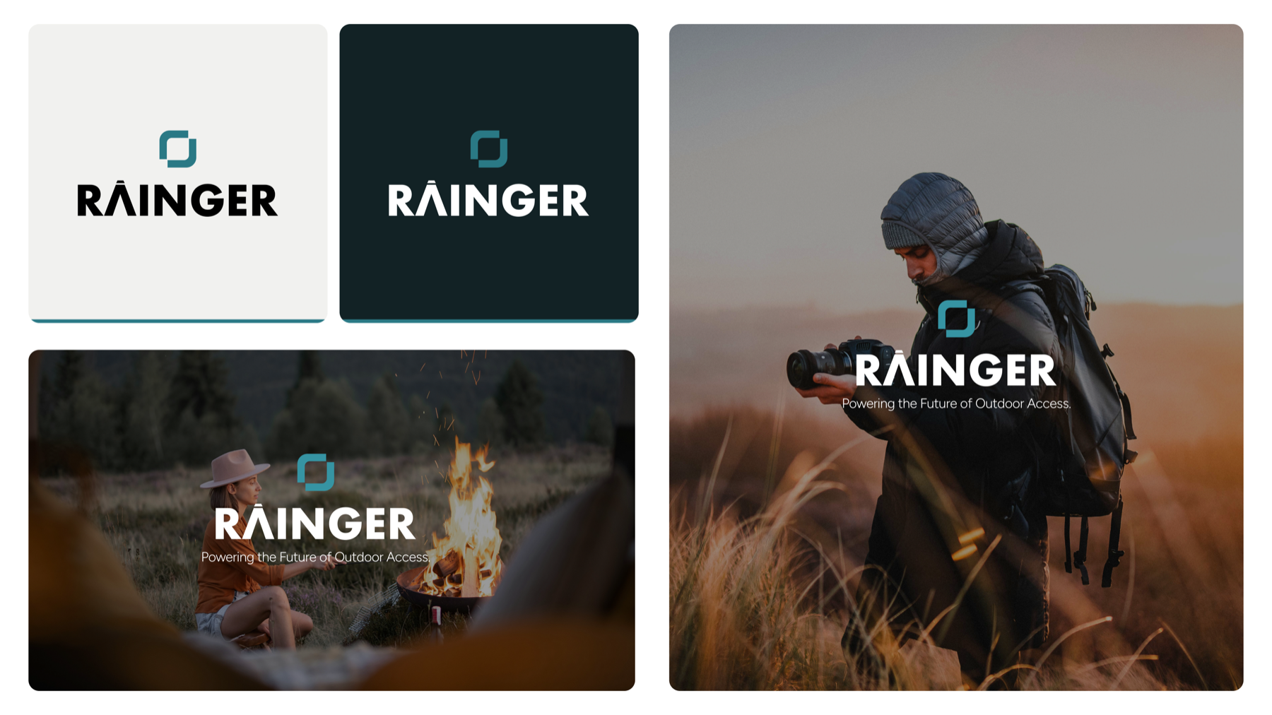 Rainger brand system: wordmark on light and dark, and lockups over outdoor photography.