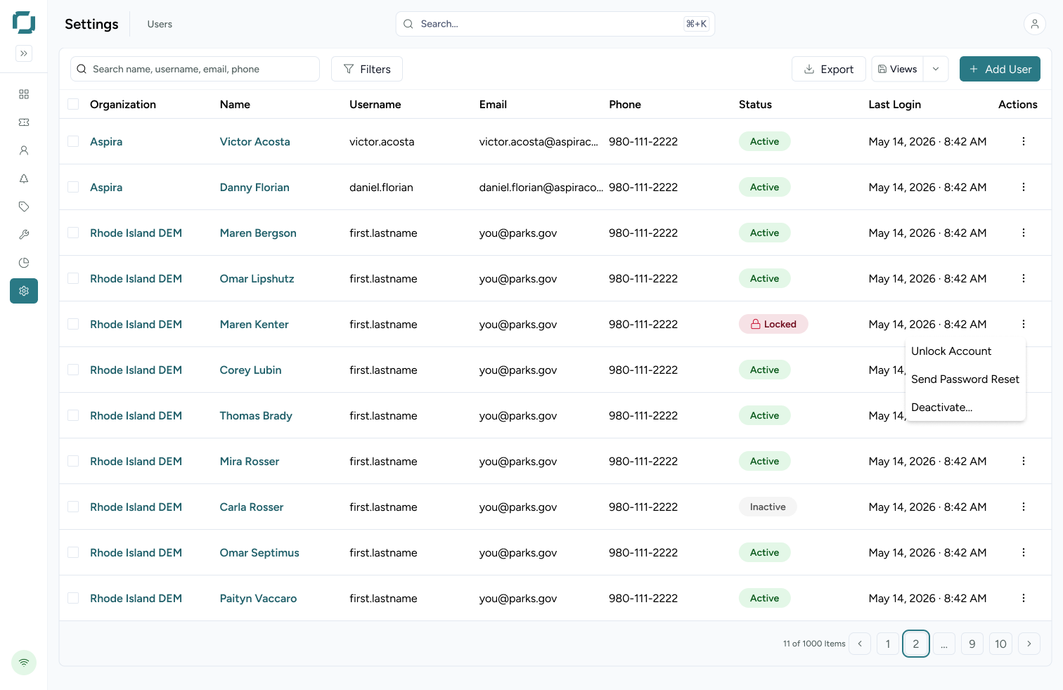 Rainger user administration showing accounts across Aspira and Rhode Island DEM with active, locked and inactive statuses.