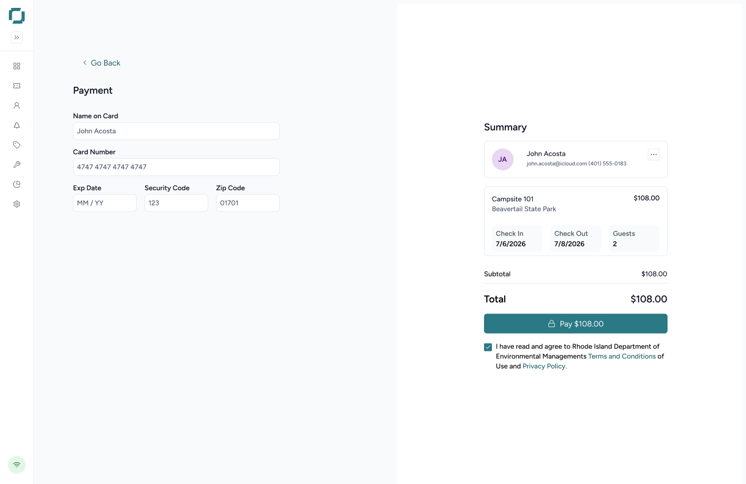 Rainger checkout with payment fields on the left and a running reservation summary on the right.