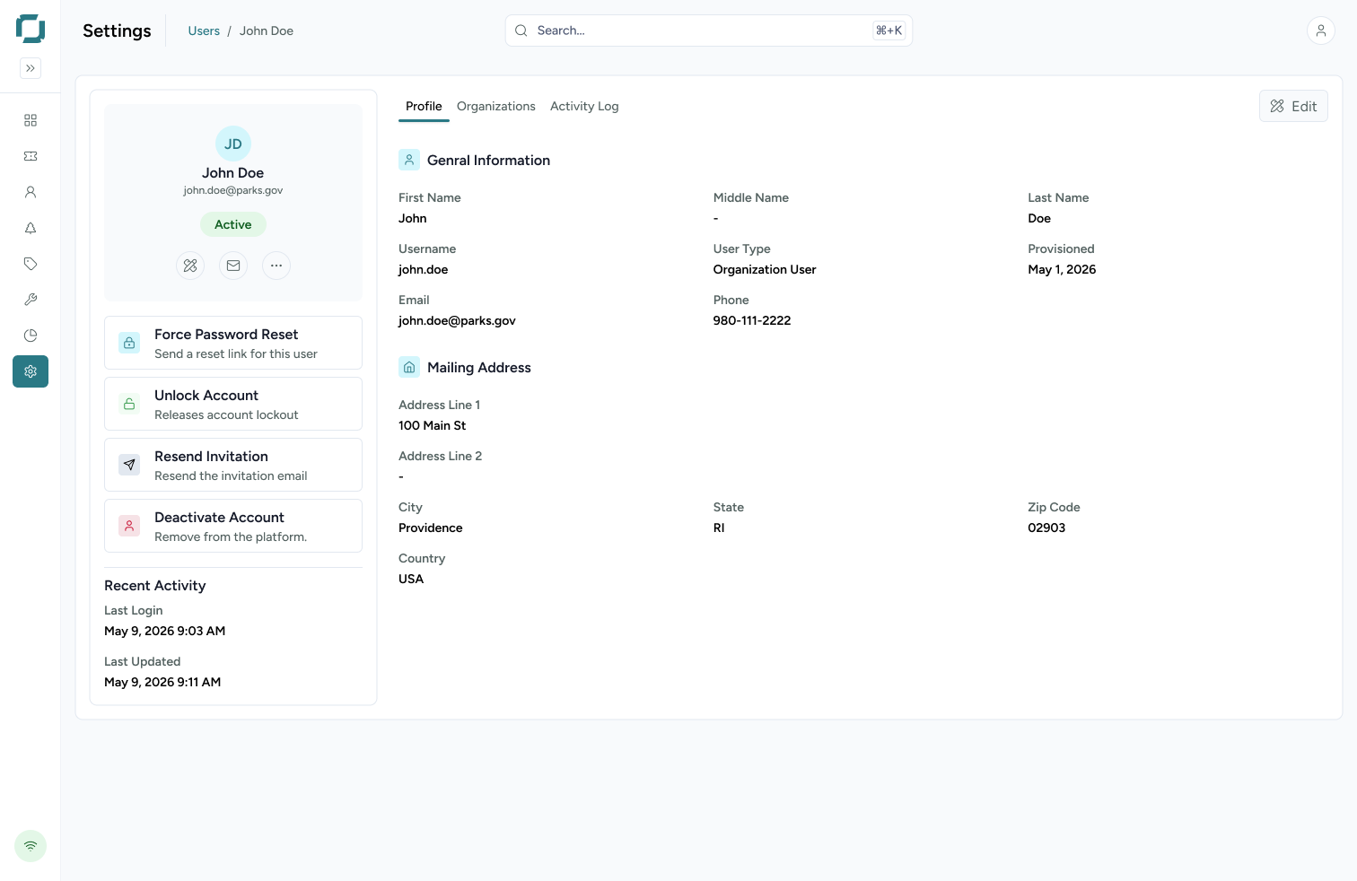 A Rainger user profile with account actions for password reset, unlock, resend invitation and deactivate.
