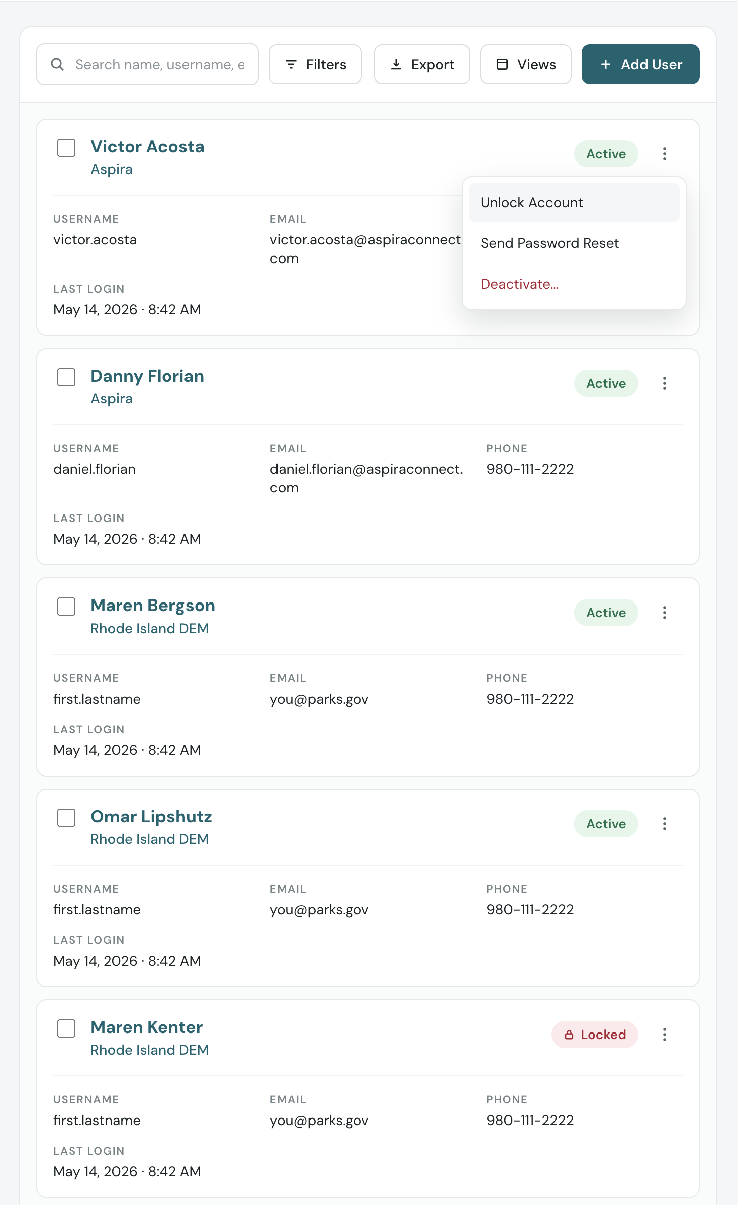A card in the Rainger user list with its overflow menu open, showing Unlock Account, Send Password Reset and a destructive Deactivate action.