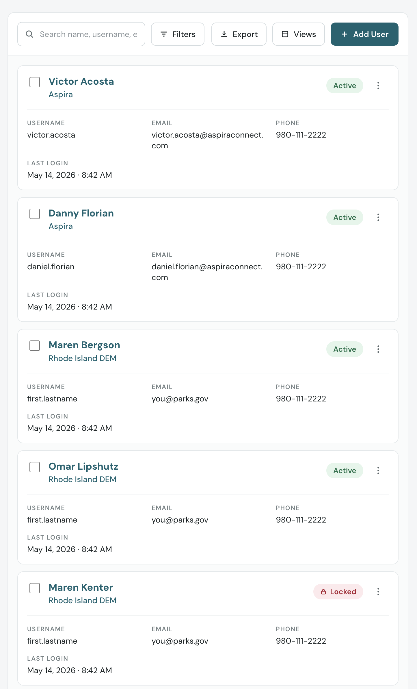 The Rainger user list below tablet width: each record is a card headed by the person's name, with their organization beneath it, a status badge top right, an overflow menu, and username, email, phone and last login as labelled pairs.