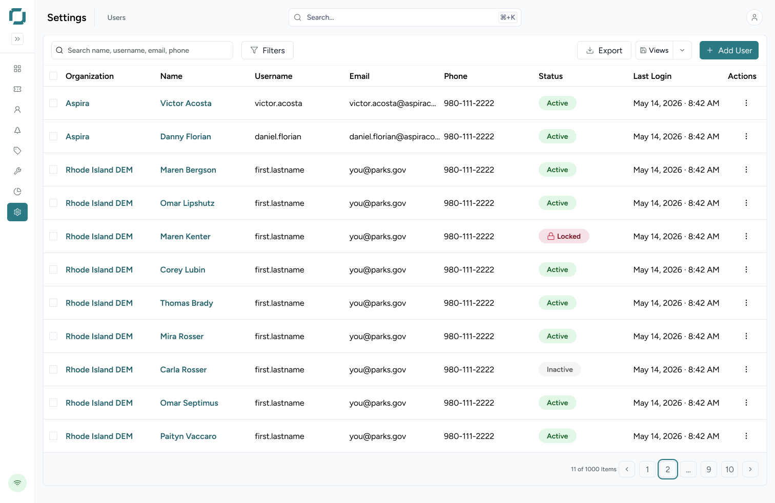 The Rainger user list on a desktop screen: a nine-column table of organization, name, username, email, phone, status, last login and actions, showing eleven of a thousand records.
