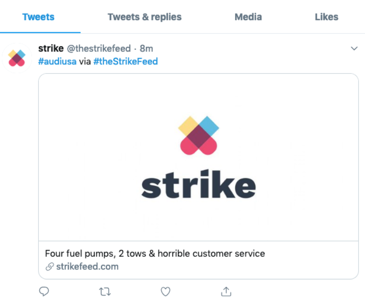 Twitter timeline showing automated tweets generated for each new complaint, tagging the company.