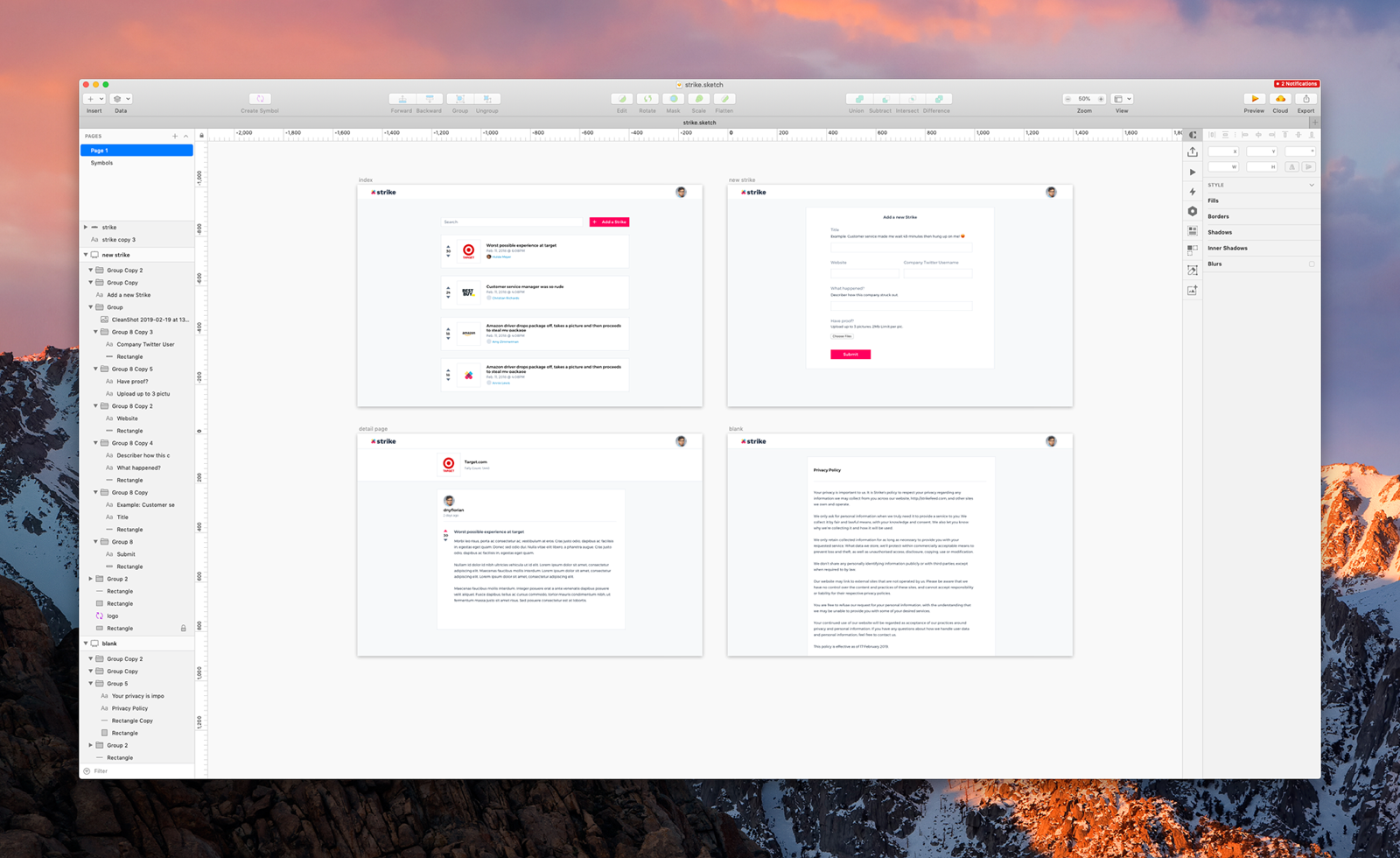 StrikeFeed login and sign-up screen, designed directly in the browser.