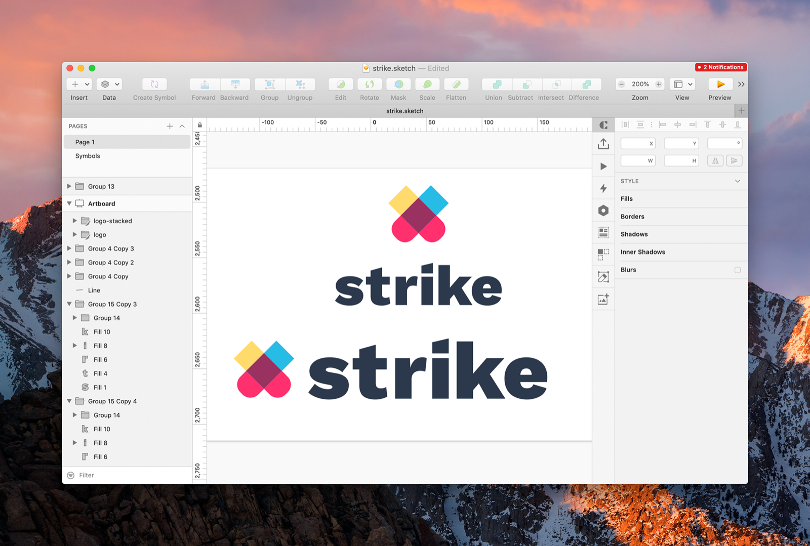 The StrikeFeed logo being constructed in Sketch: two overlapping X marks forming an inverted heart.