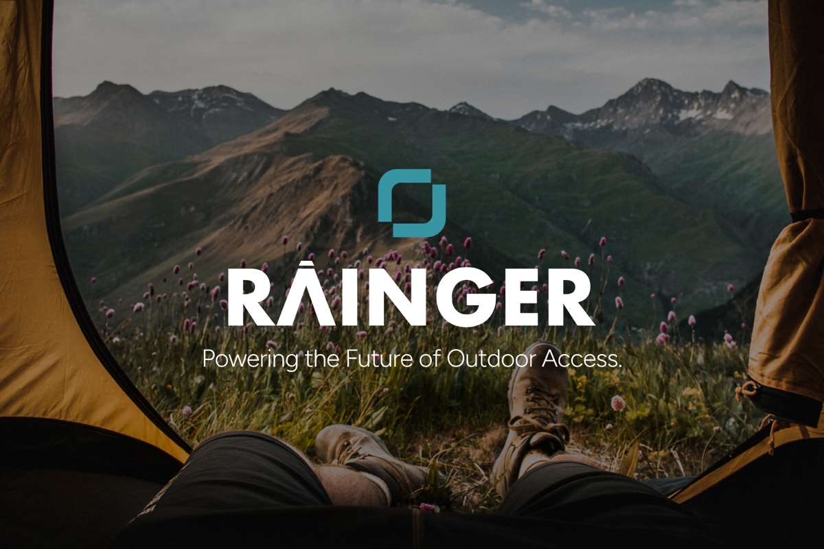 The Rainger wordmark over a view from inside a tent onto a wildflower meadow and mountain range.