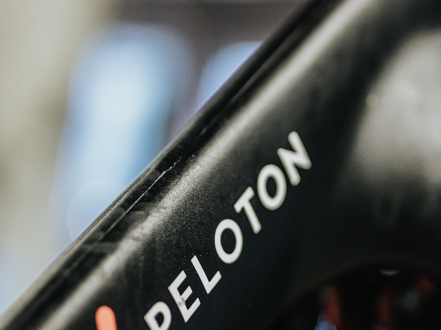 Close-up of a Peloton exercise bike frame.