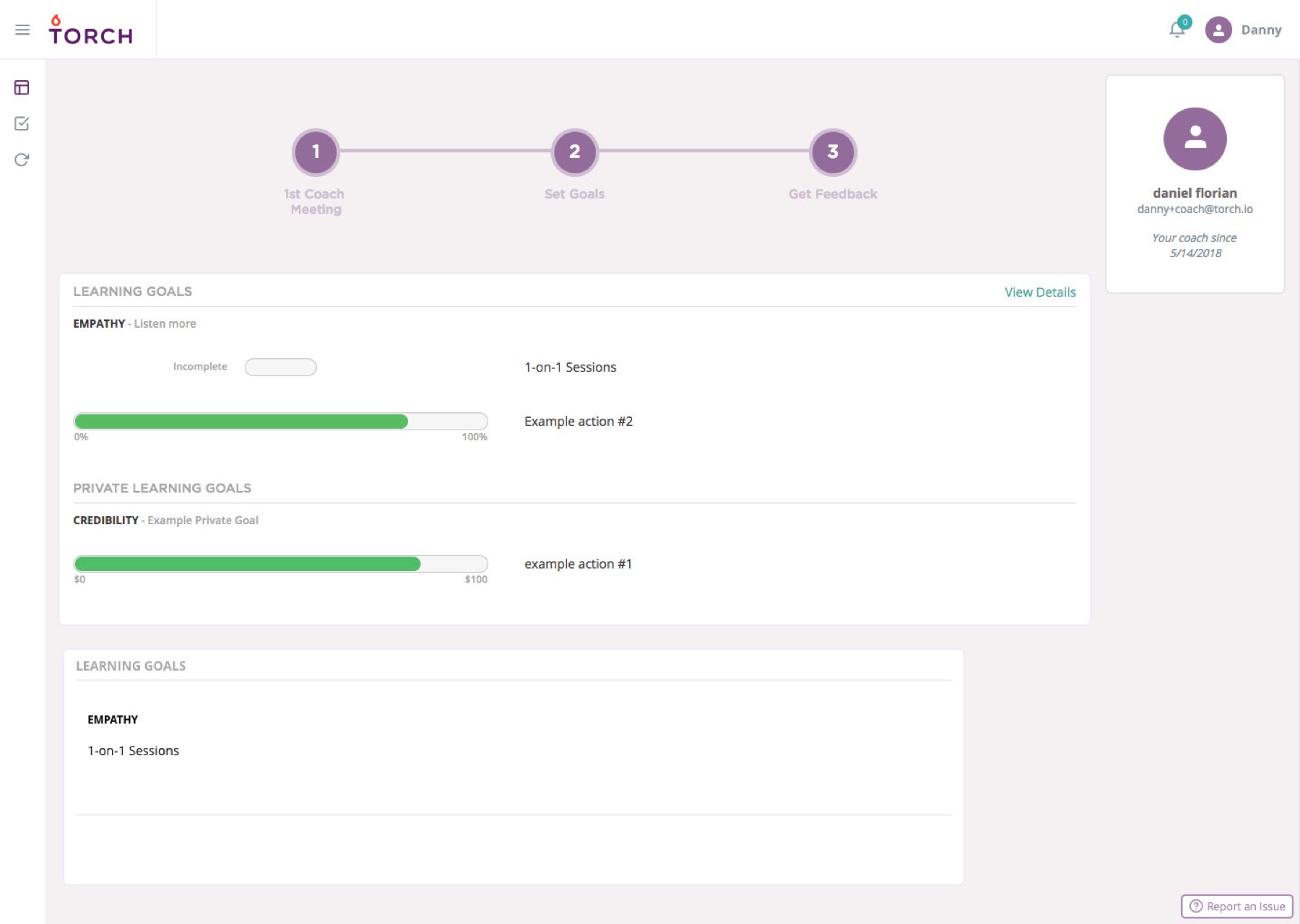 The original Torch learning goals screen: a plain list of goals with completion percentages.
