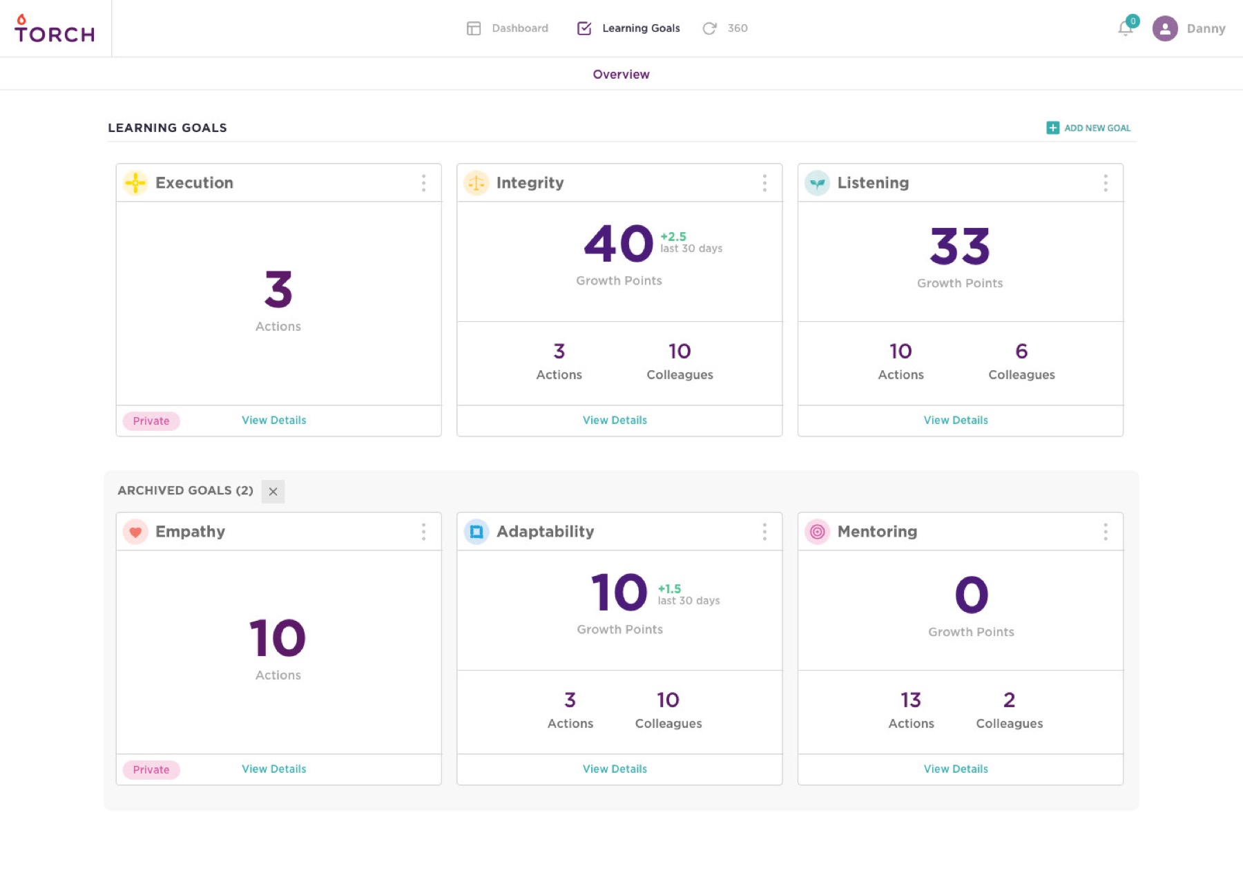 The first version of Torch learning goals, with a single goal detail view and action list.