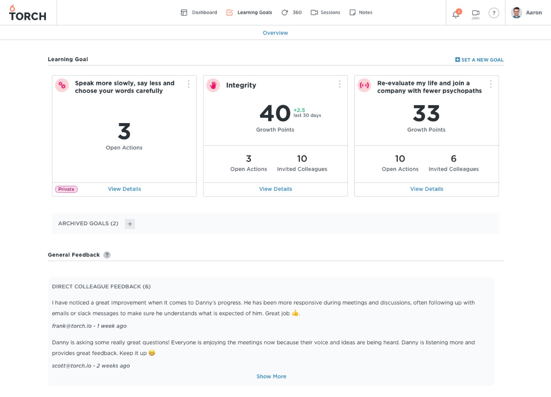 Torch learning goals dashboard: three goal cards showing Growth Points, thirty-day change, open actions and invited colleagues.