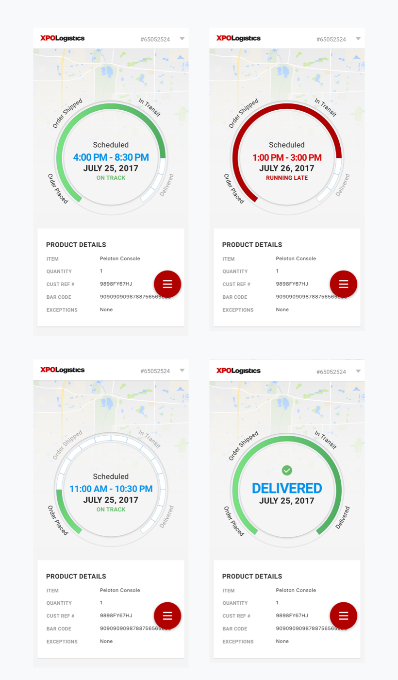 Four XPO tracking states: on track with a green ring, running late in red, an early-stage order in blue, and a completed delivery marked delivered.