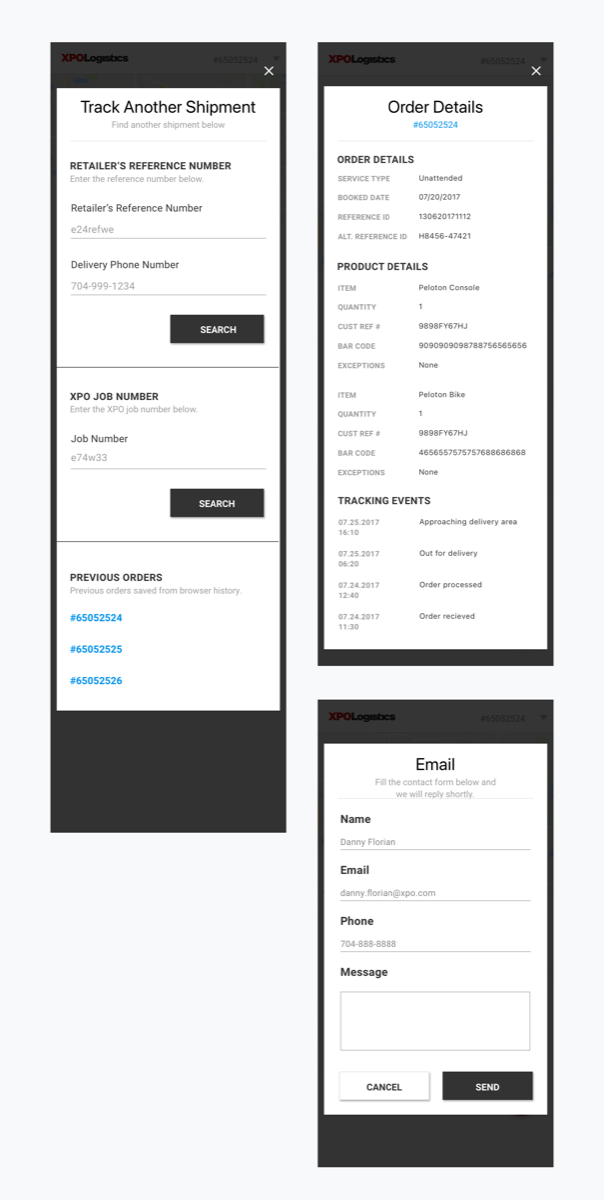XPO tracking lookup screen with reference number and phone entry, an order details screen listing items and tracking events, and a contact form.